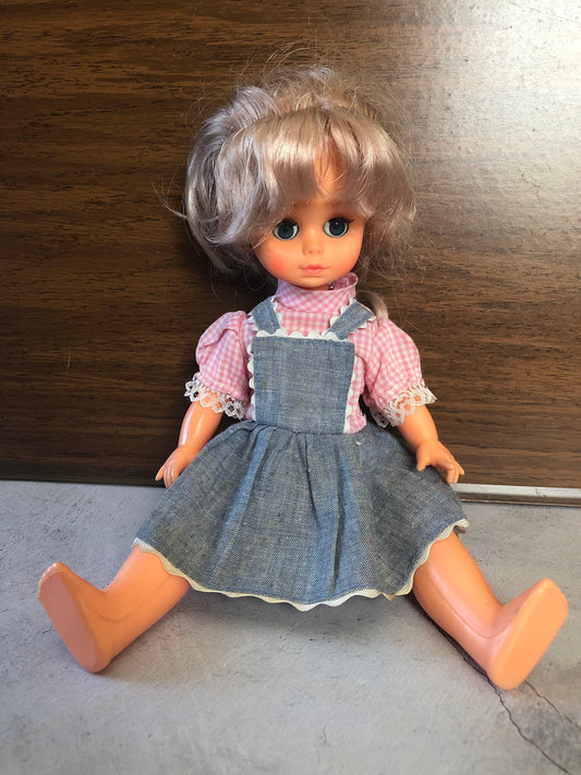 Vintage Playmates Precious Playmates Poseable Jointed Doll in Levi Dress and Pink Shirt, Vintage Collectible Playmates Doll #6123