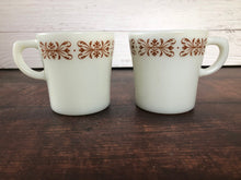 Load image into Gallery viewer, Pyrex White Milk Glass Copper Filigree Coffee Cups, Mid Century Milk Glass Pyrex Coffee Mugs (set of 2)

