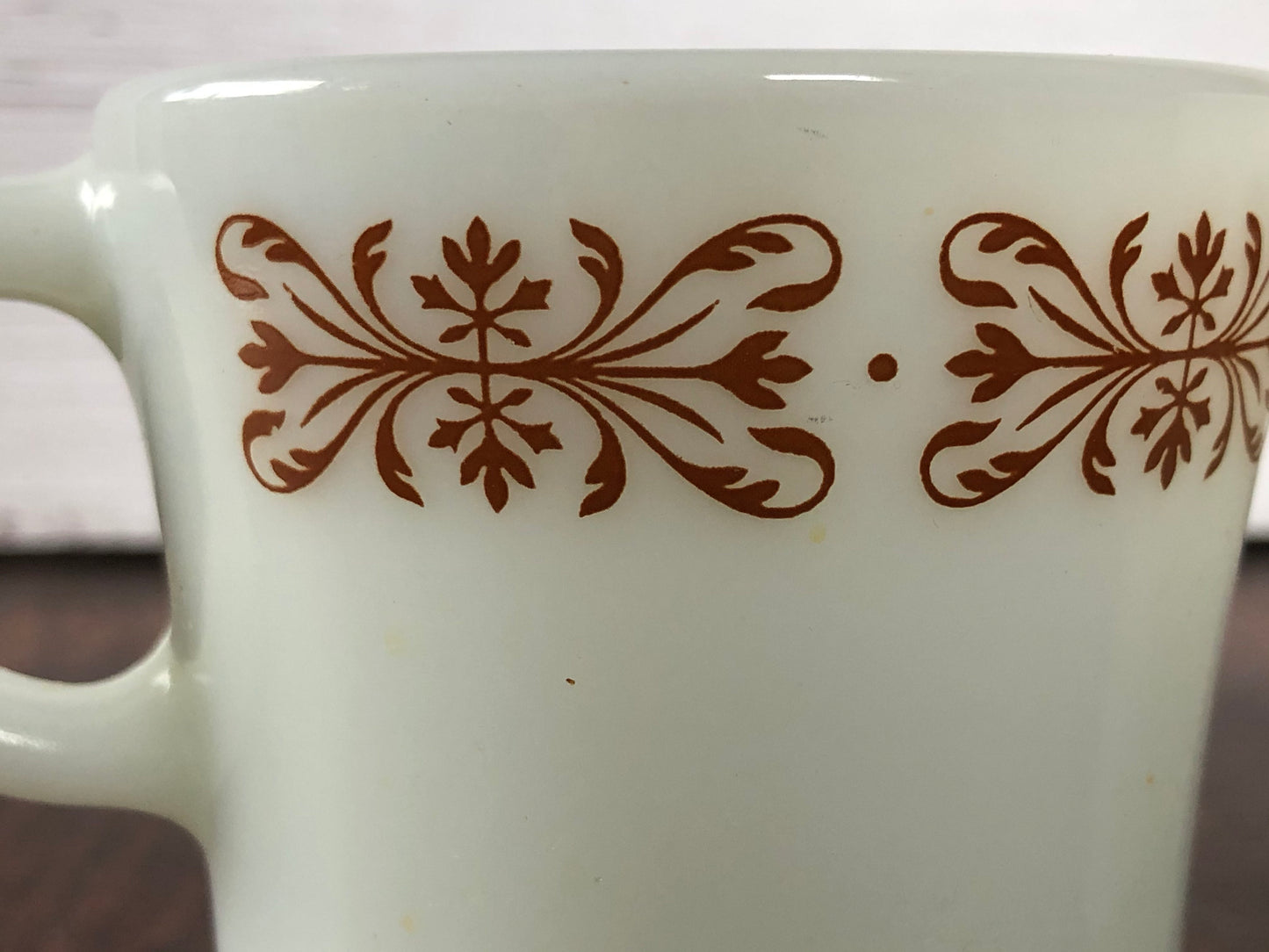 Pyrex White Milk Glass Copper Filigree Coffee Cups, Mid Century Milk Glass Pyrex Coffee Mugs (set of 2)
