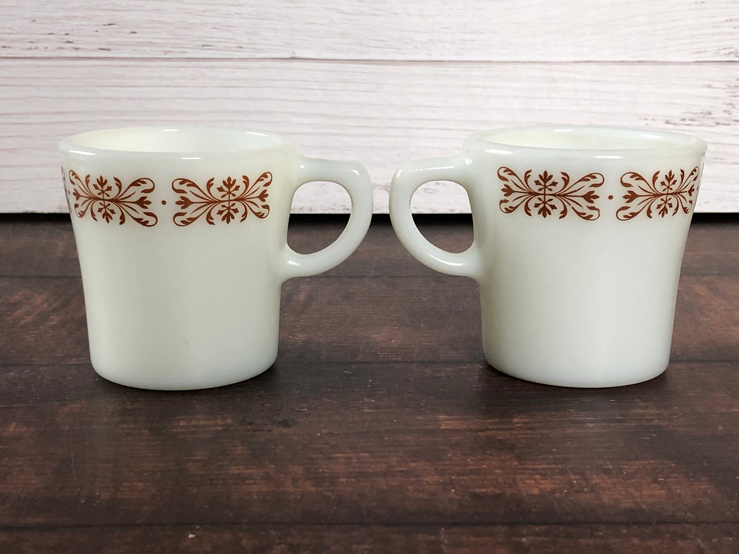 Pyrex White Milk Glass Copper Filigree Coffee Cups, Mid Century Milk Glass Pyrex Coffee Mugs (set of 2)