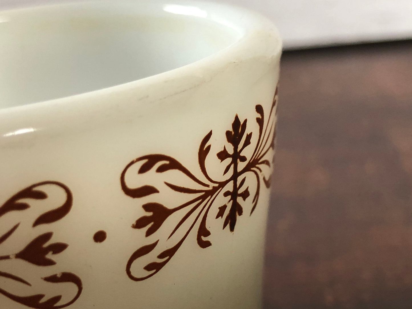 Pyrex White Milk Glass Copper Filigree Coffee Cups, Mid Century Milk Glass Pyrex Coffee Mugs (set of 2)