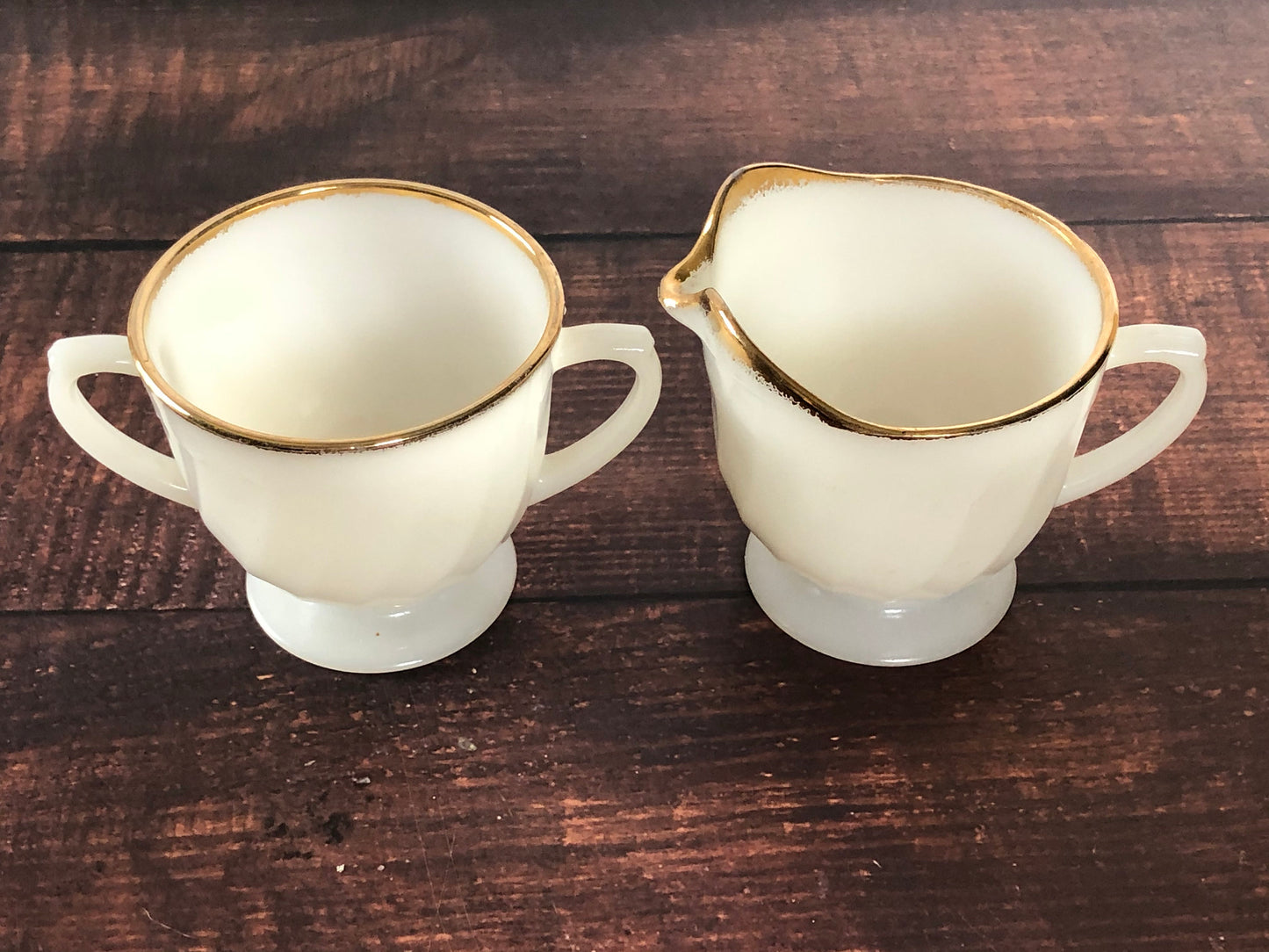 1950s Fire King Gold Swirl Anniversary Cream & Sugar Bowls, MCM Vintage Milk Glass Set, Gold Trim Milk Glass, Vintage Anchor Hocking
