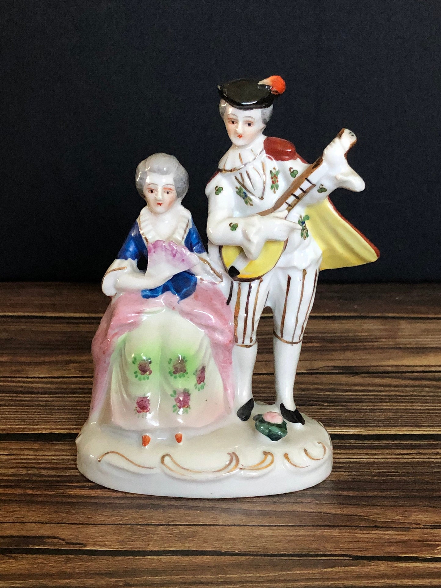 Vintage Occupied Japan Colonial Couple Playing Music Figurine, Porcelain Colonial Couple
