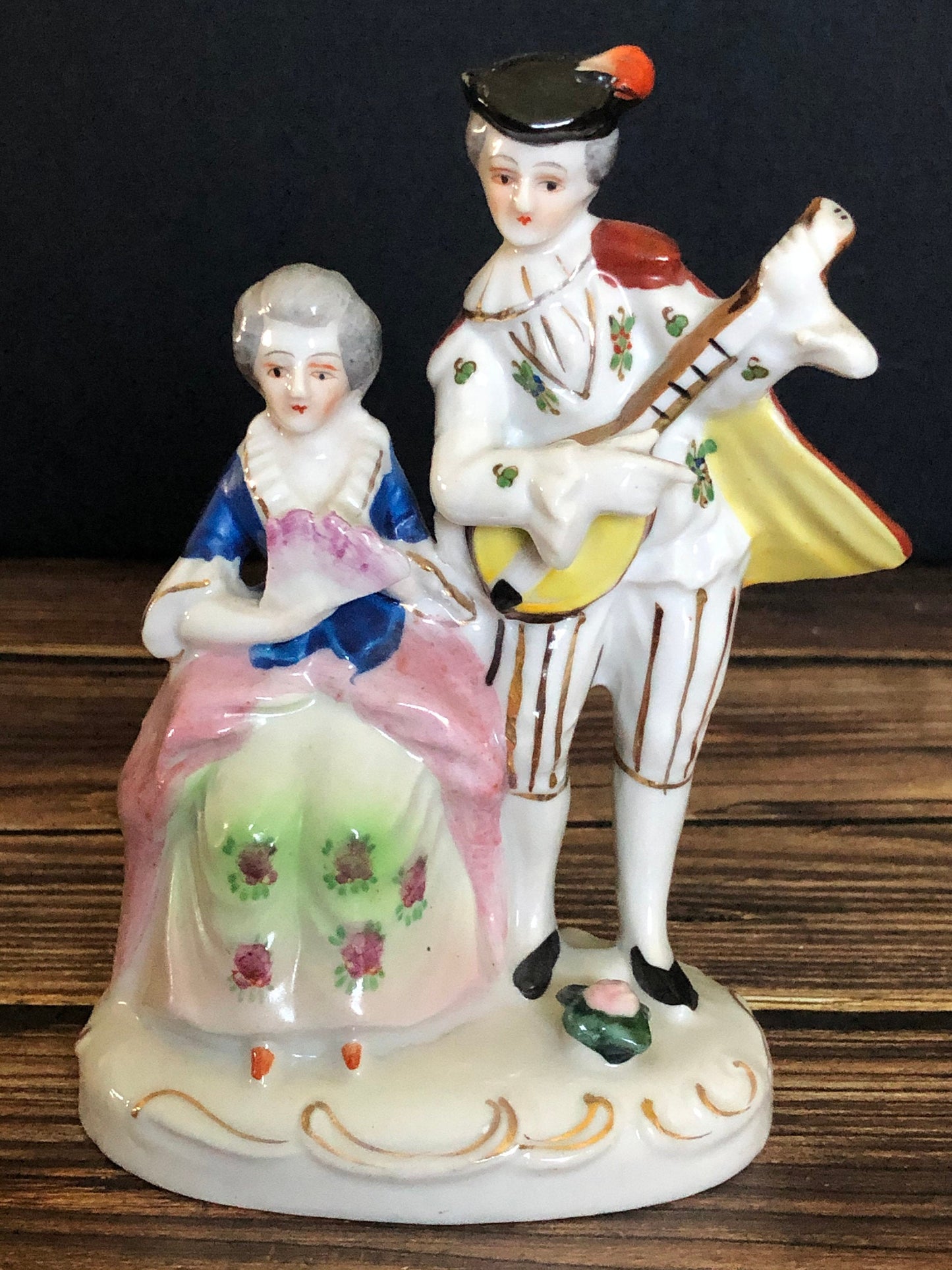 Vintage Occupied Japan Colonial Couple Playing Music Figurine, Porcelain Colonial Couple