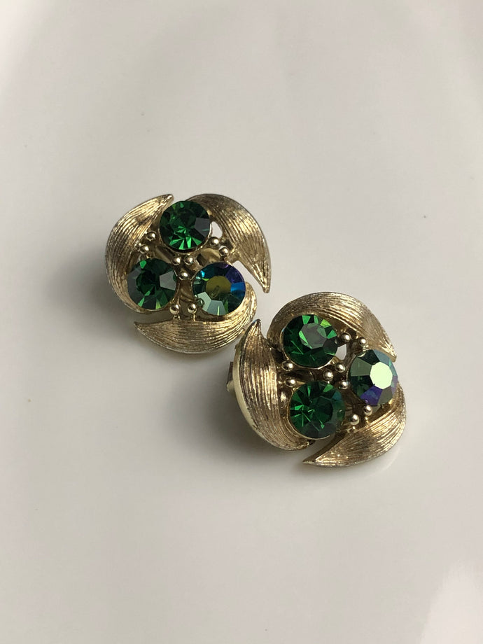 Signed Lisner Clip on Earrings Brushed Gold Three Emerald Green Rhinestone, Vintage Jewelry, May Birthstone Earrings, May Birthday Earrings