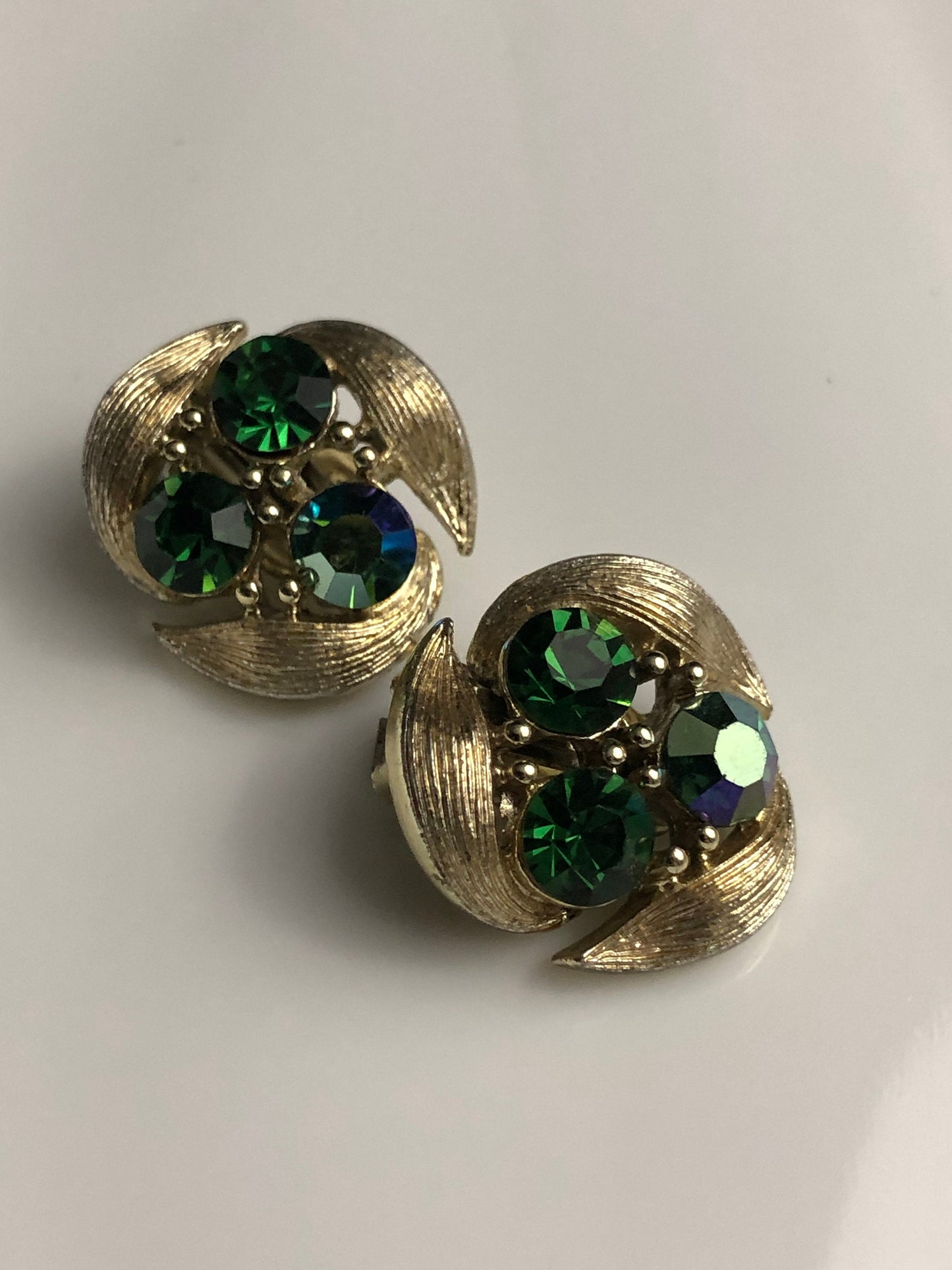 Signed Lisner Clip on Earrings Brushed Gold Three Emerald Green Rhinestone, Vintage Jewelry, May Birthstone Earrings, May Birthday Earrings