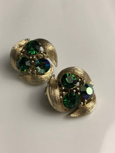 Load image into Gallery viewer, Signed Lisner Clip on Earrings Brushed Gold Three Emerald Green Rhinestone, Vintage Jewelry, May Birthstone Earrings, May Birthday Earrings
