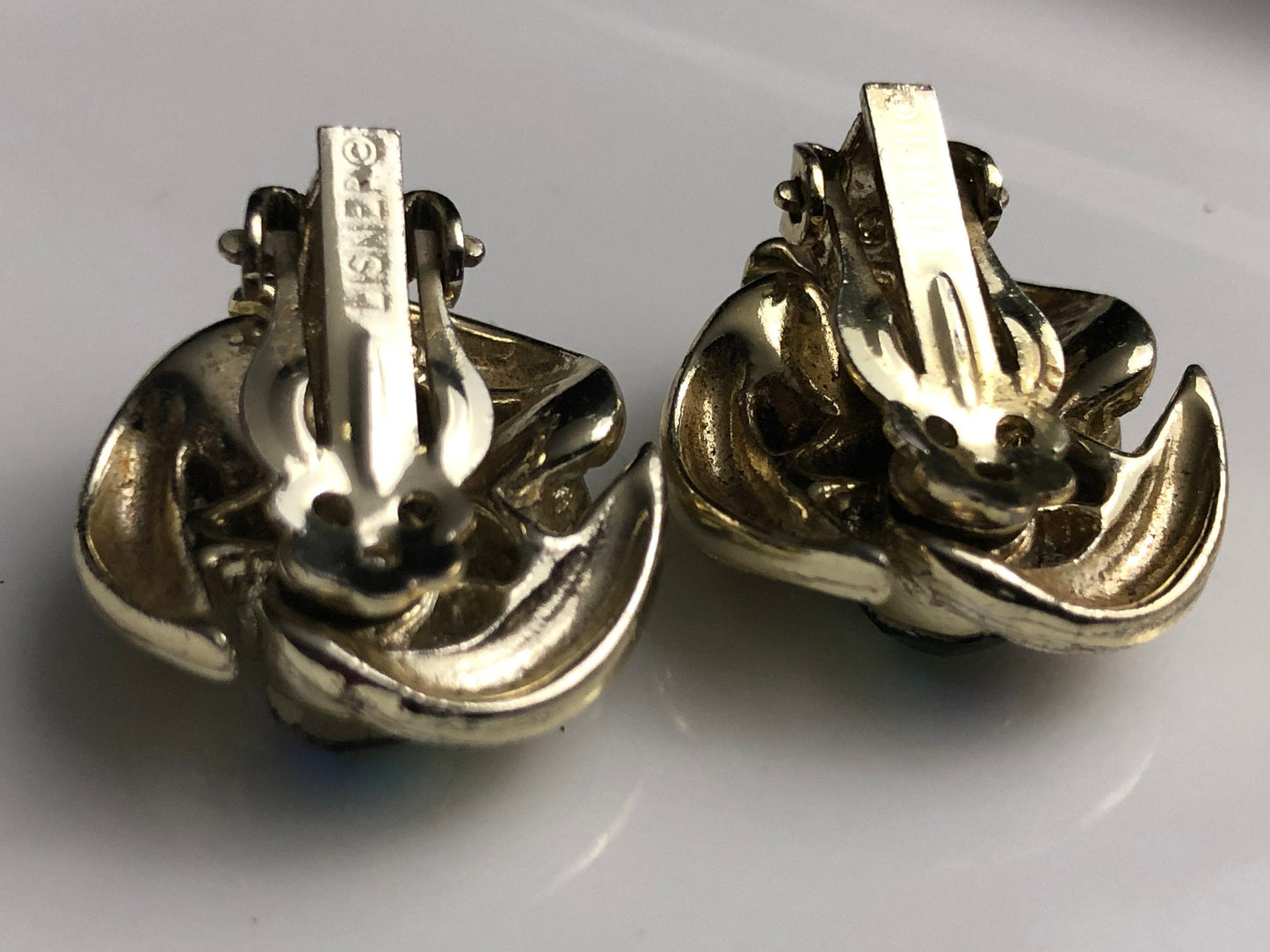 Signed Lisner Clip on Earrings Brushed Gold Three Emerald Green Rhinestone, Vintage Jewelry, May Birthstone Earrings, May Birthday Earrings