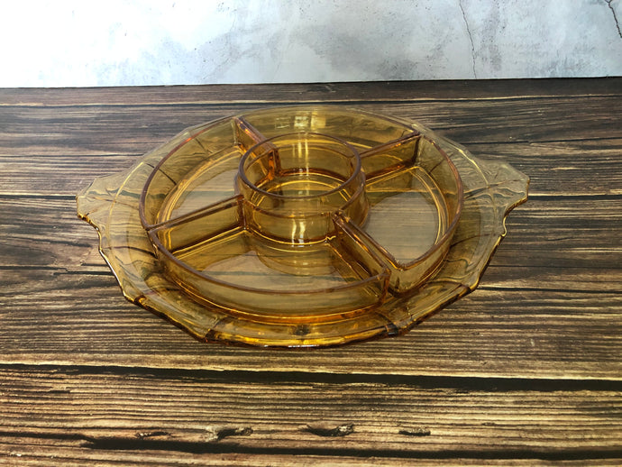 Vintage Amber Glass 6 Piece Appetizer Tray, Amber Glass Six Piece Relish Tray, Five Glass Compartments