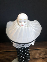 Load image into Gallery viewer, Vintage Porcelain Bisque Pierrot Mime Harlequin Crying Clown on Metal Doll Stand
