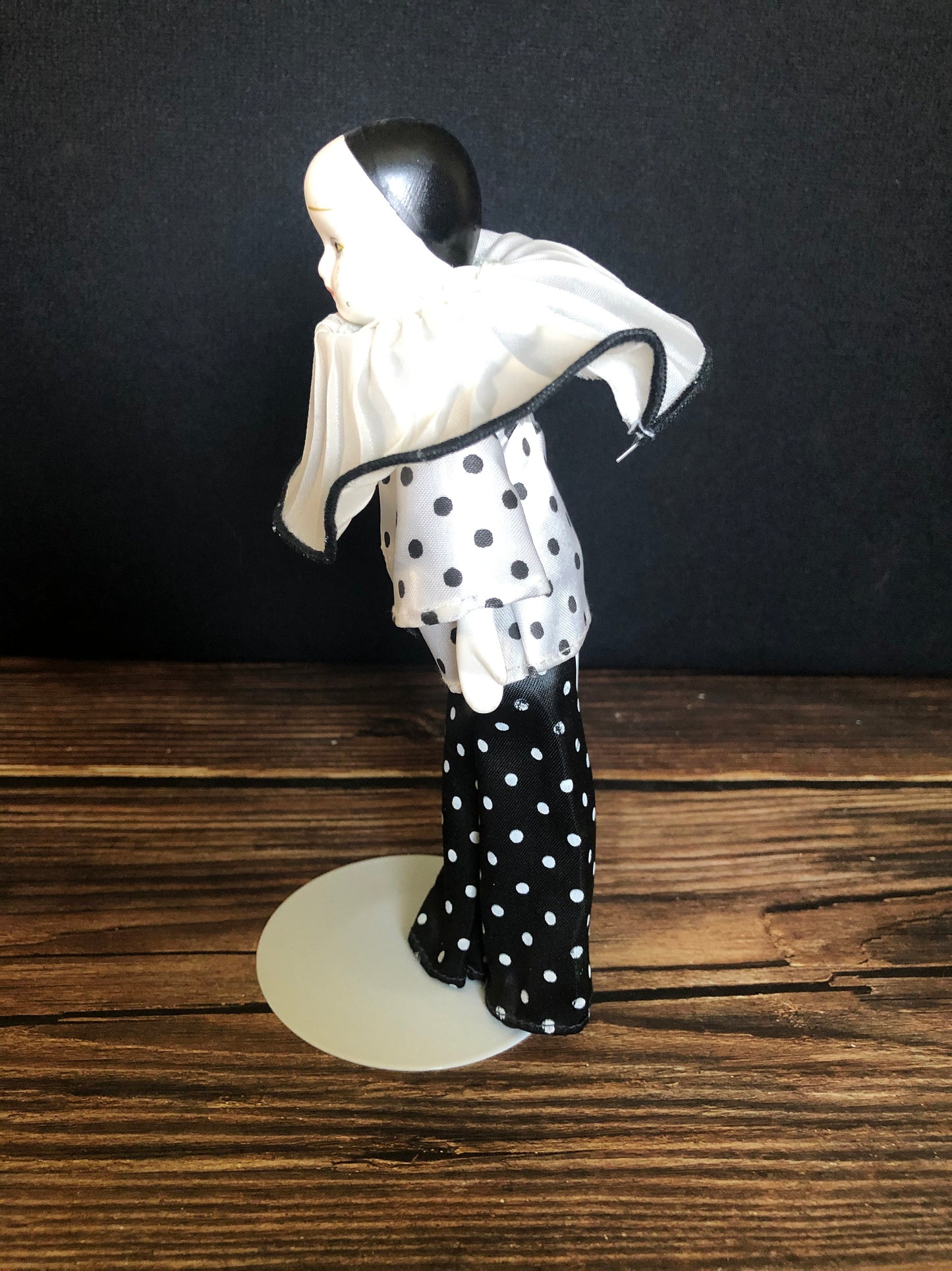 Vintage Porcelain Bisque Pierrot Mime Harlequin Crying Clown on Metal Doll Stand