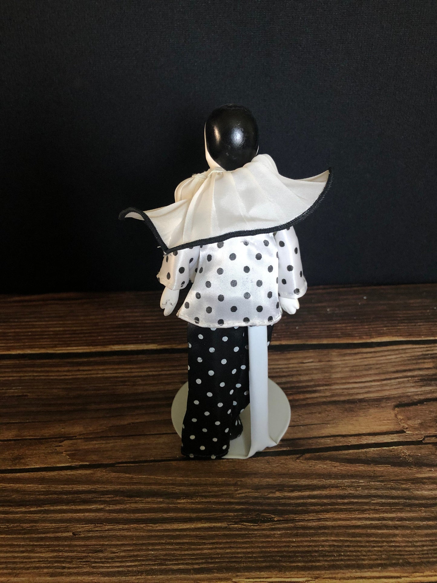Vintage Porcelain Bisque Pierrot Mime Harlequin Crying Clown on Metal Doll Stand