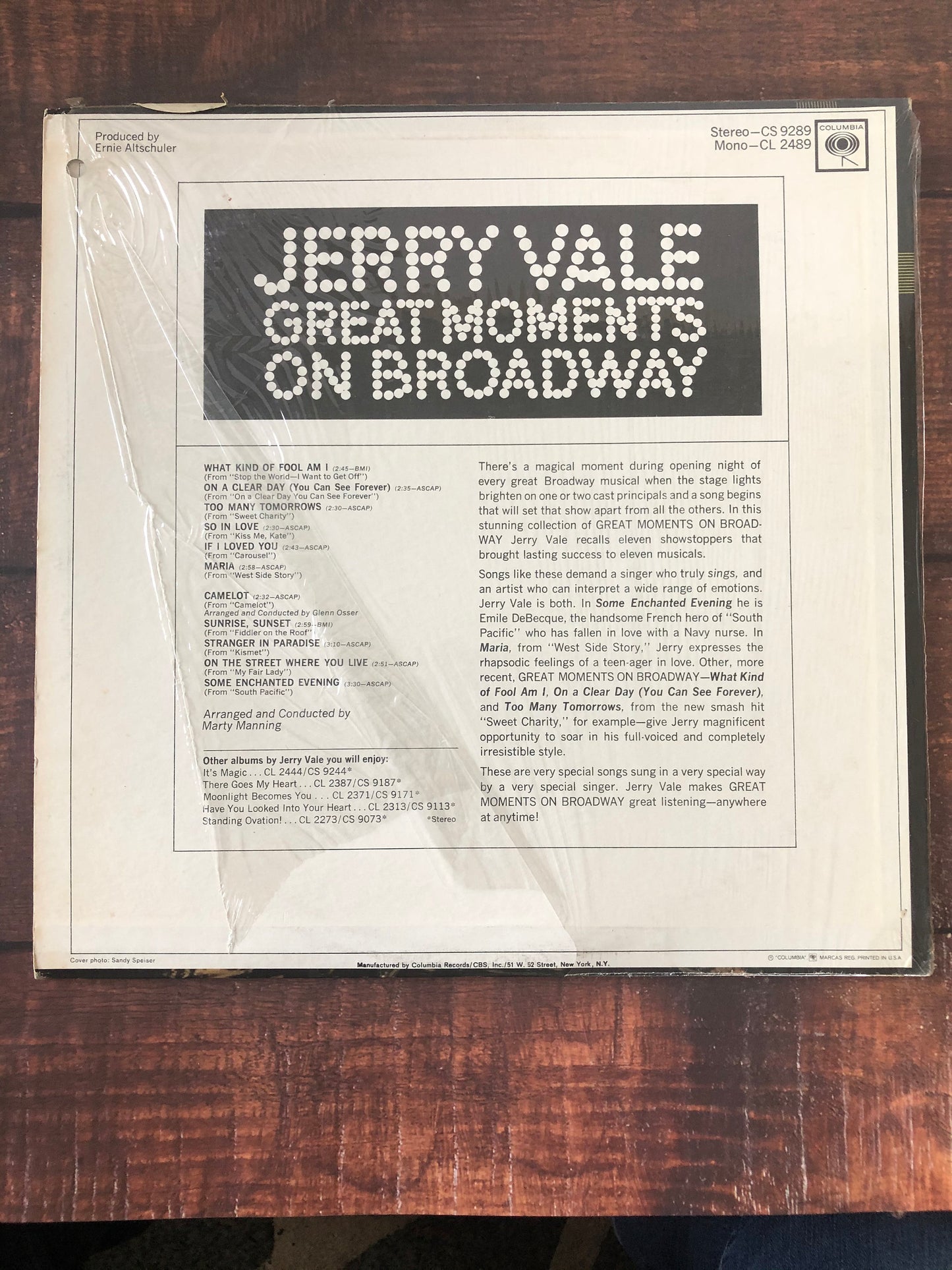1960s Columbia Jerry Vale Greatest Moments on Broadway CS 9289 LP Record Album Vinyl