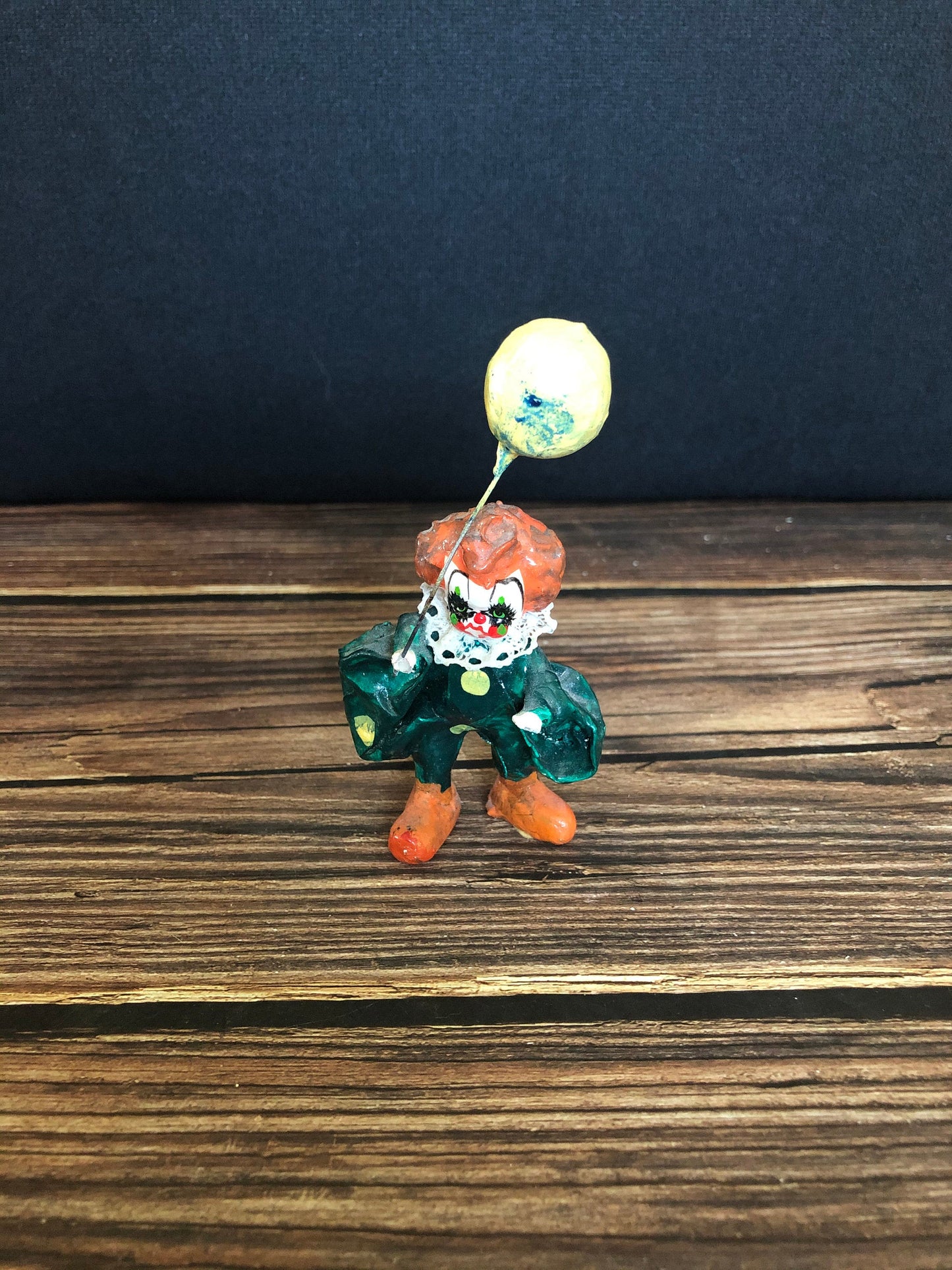Vintage Miniature Paper Mache Mexican Folk Art Clown Figurine Holding Balloon