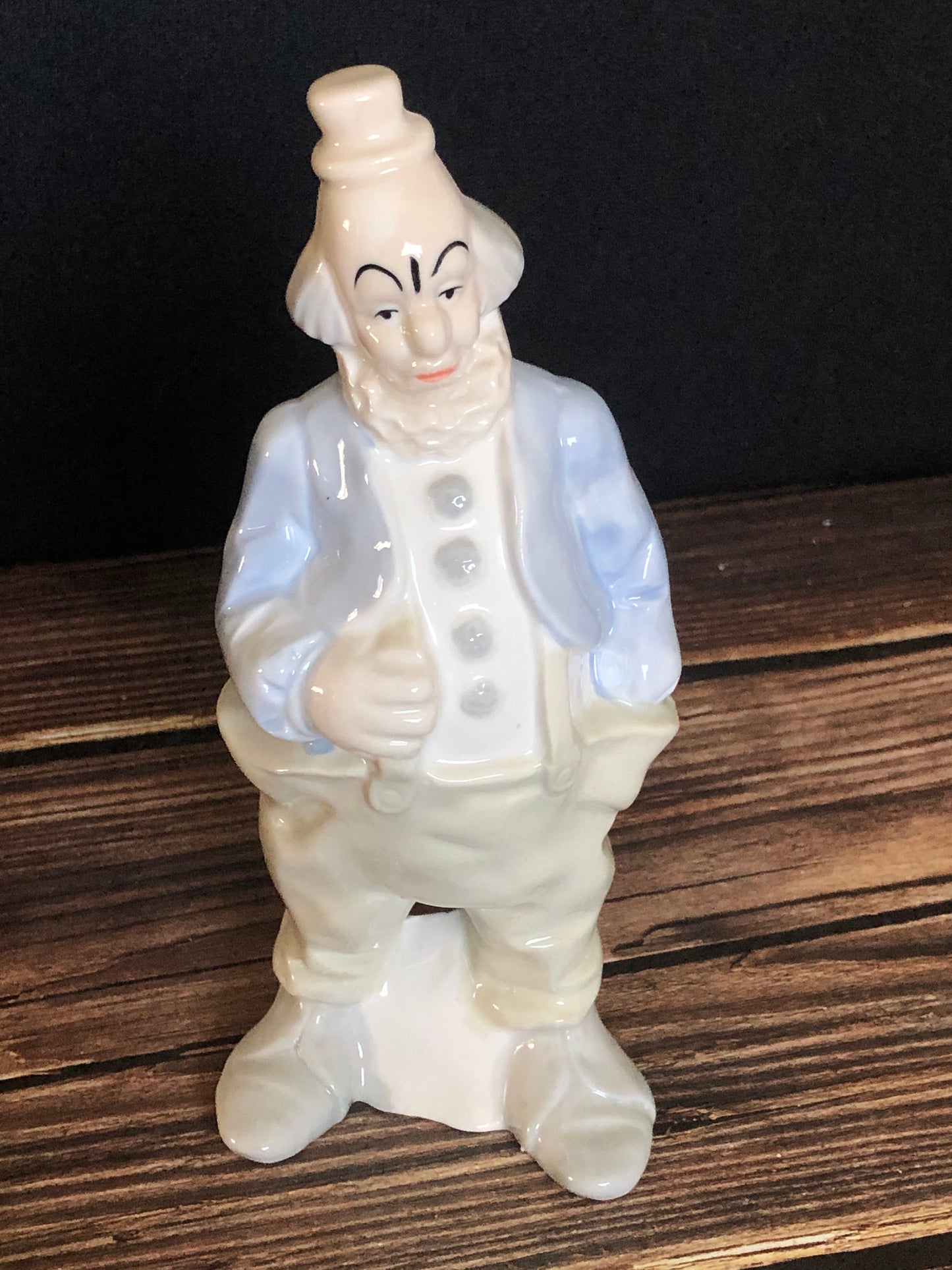 Vintage Blue and White Porcelain Clown With Hand In Pocket Figurine