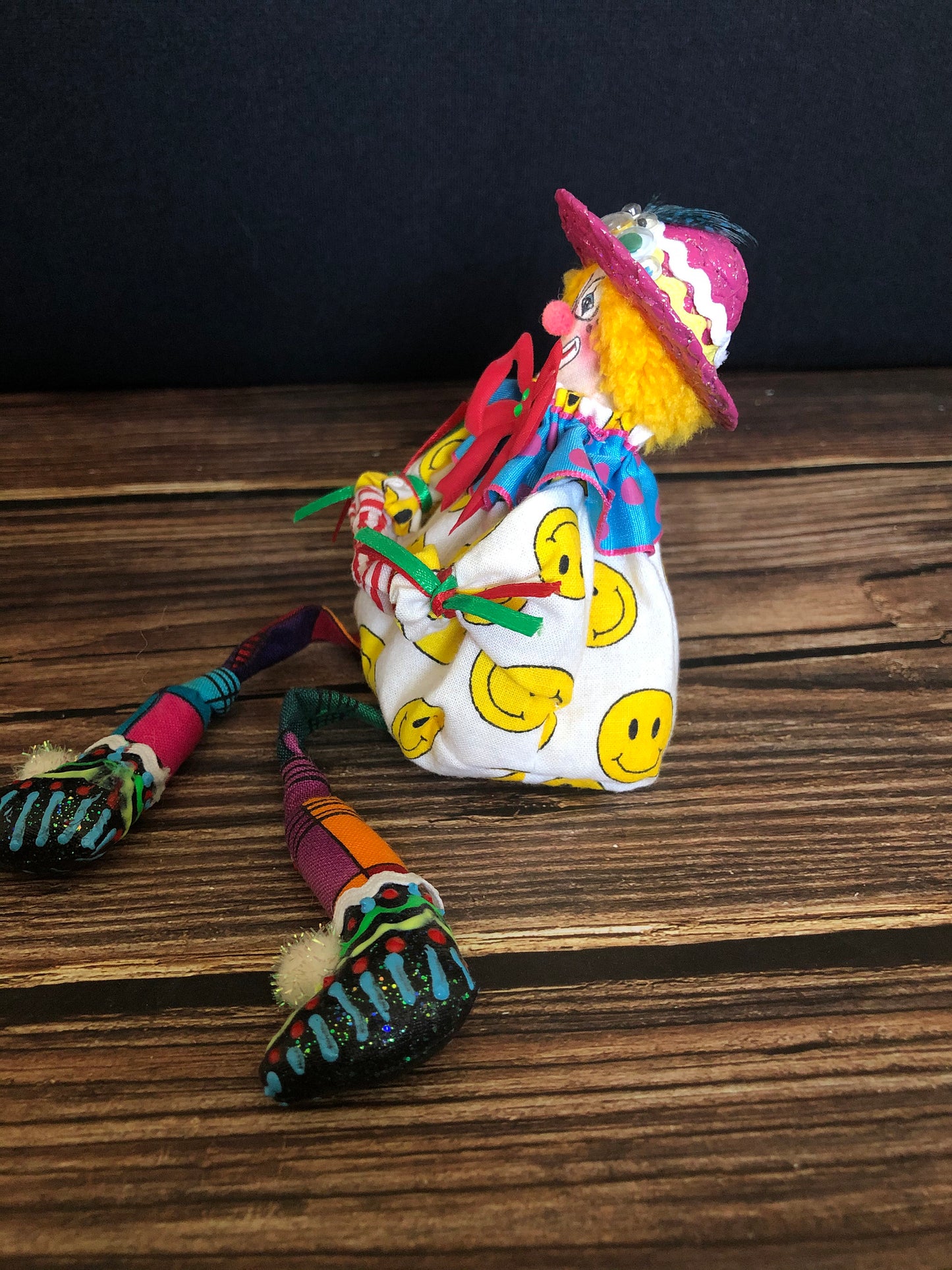 Vintage Kathleen Mcleod Colorful Bean Bag Clown Doll In Purple Hat