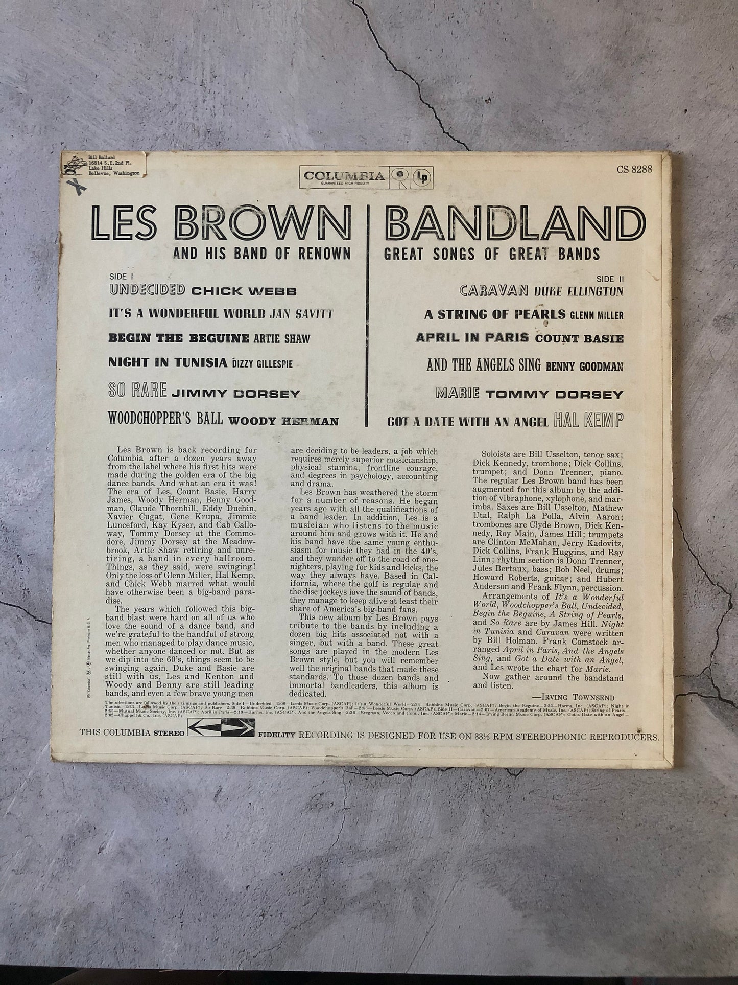 1960 Columbia Les Brown And His Band Of Renown Bandland (Great Songs Of Great Bands) CS 8288 LP Vinyl Album Stereo
