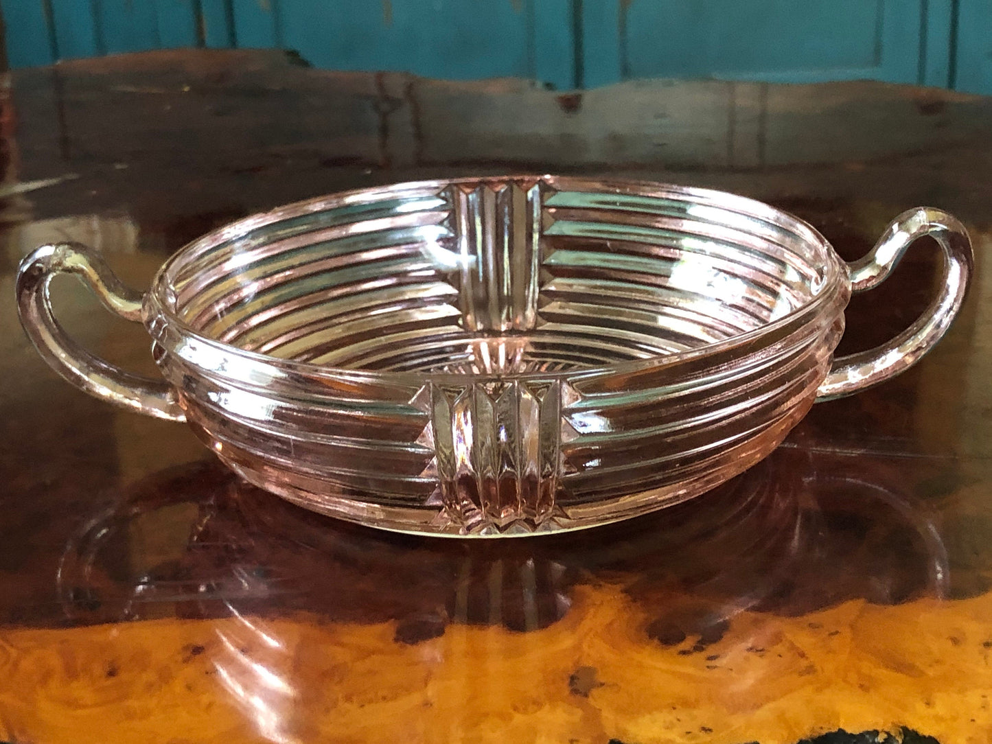 Anchor Hocking Manhattan Pink Glass Ribbed Nappy Dish, Art Deco Pink Glass Dish, Pink Candy or Nut Dish
