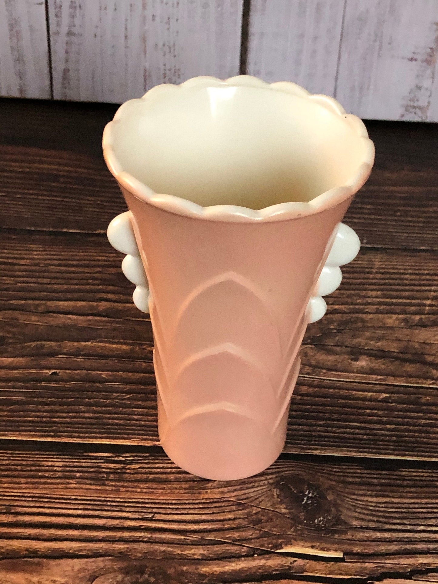 Anchor Hocking Fired-On Pink Vitrock Scalloped Art Deco Glass Table Vase