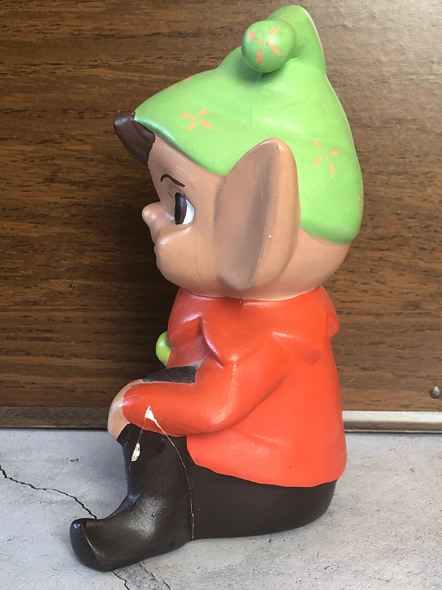 70s Ceramic Hand Painted and Signed Shelf Sitter Pixie Elf, Garden Art Pixie Elf