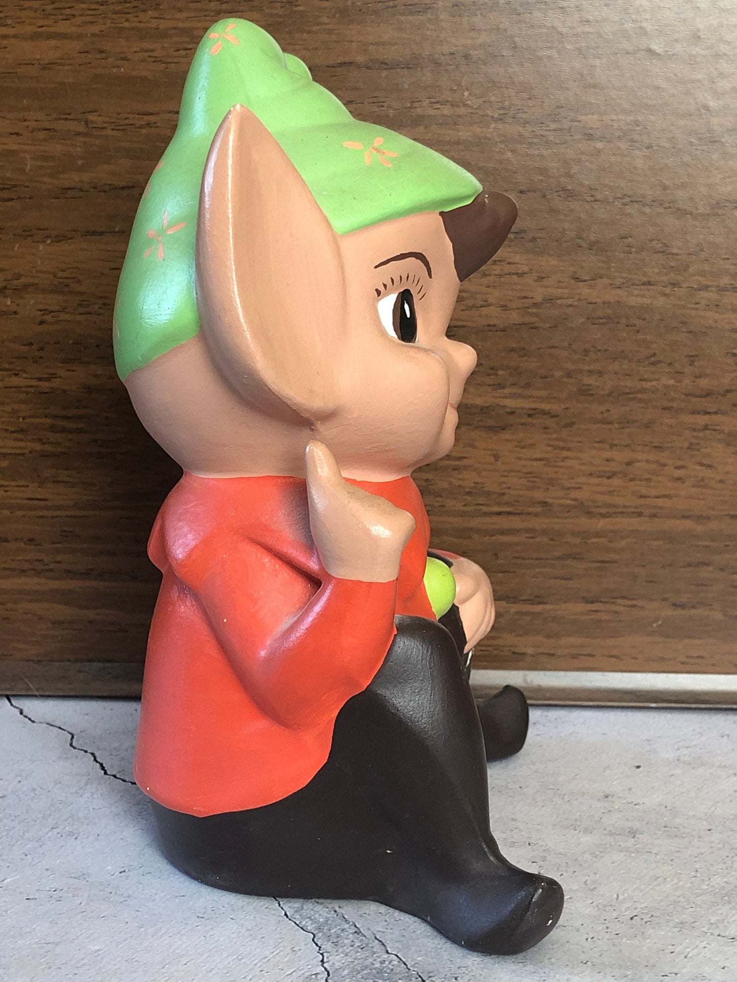 70s Ceramic Hand Painted and Signed Shelf Sitter Pixie Elf, Garden Art Pixie Elf