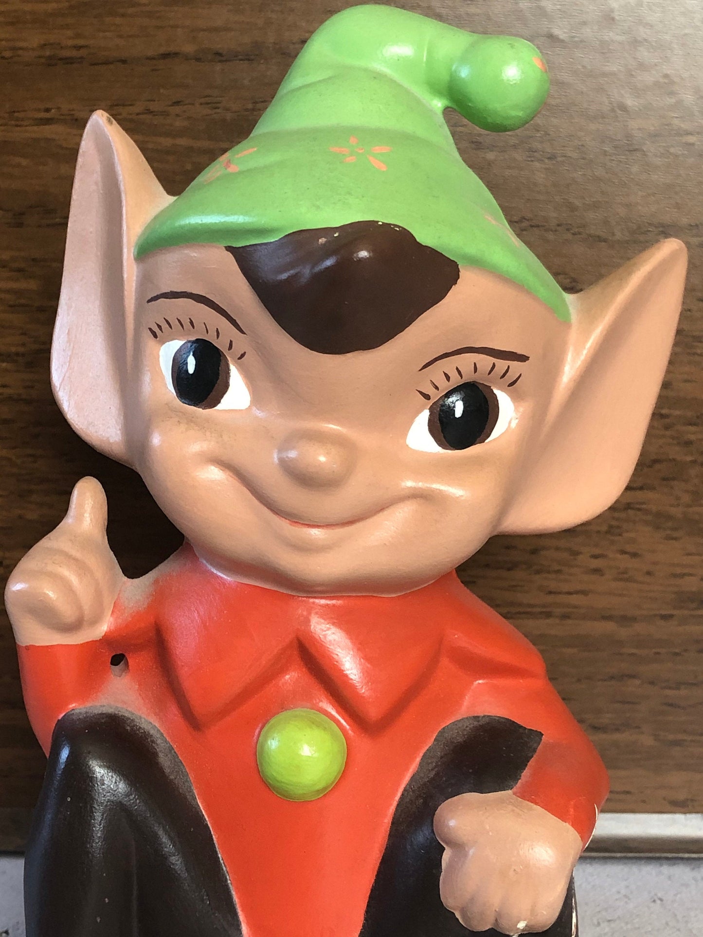 70s Ceramic Hand Painted and Signed Shelf Sitter Pixie Elf, Garden Art Pixie Elf