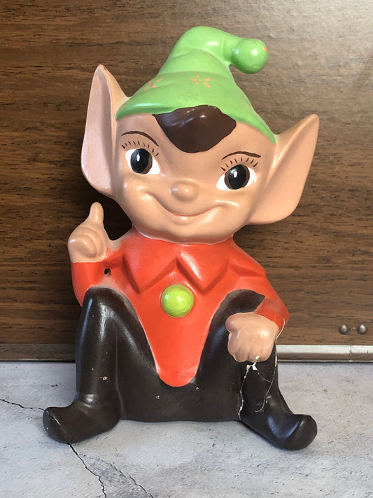 70s Ceramic Hand Painted and Signed Shelf Sitter Pixie Elf, Garden Art Pixie Elf