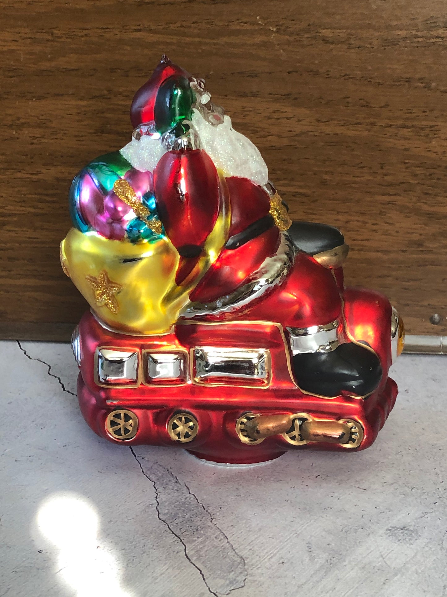 Department 56 Handblown Mercury Glass Santa and Toys on a Train (broken hanger)