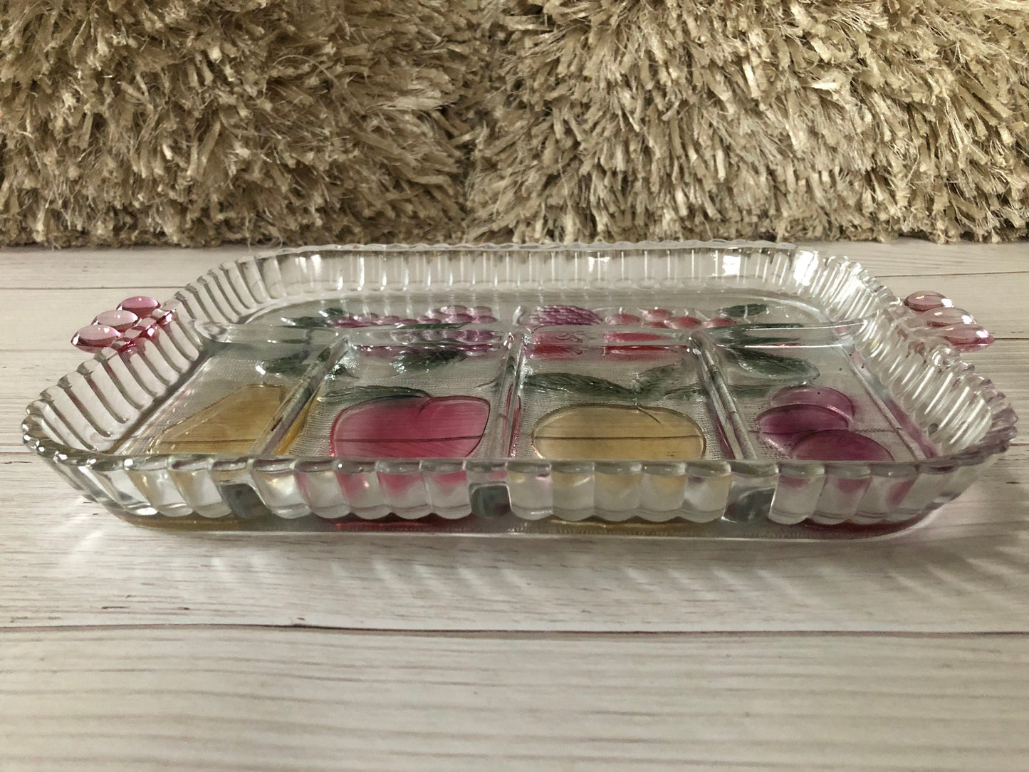 Vintage Indiana Glass 5 Part Relish Tray, Plateau A Hors D'Deuvre Rainbow Mist Serving Tray, Pink Green Yellow Purple Serving Tray