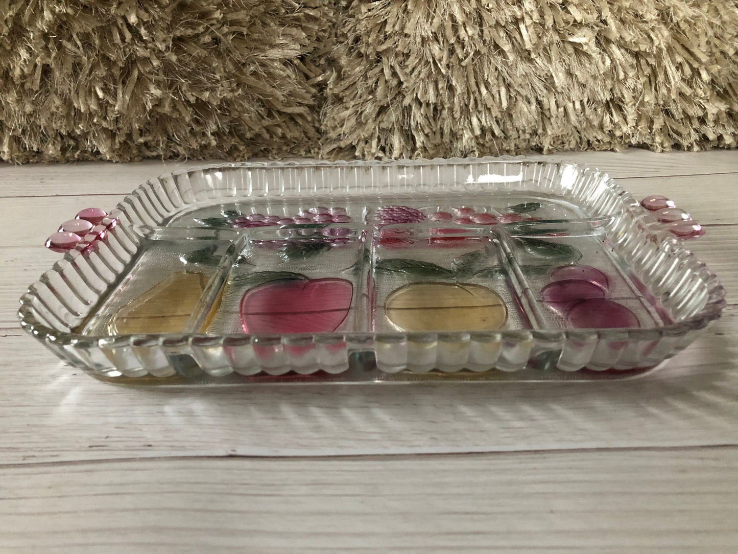 Vintage Indiana Glass 5 Part Relish Tray, Plateau A Hors D'Deuvre Rainbow Mist Serving Tray, Pink Green Yellow Purple Serving Tray