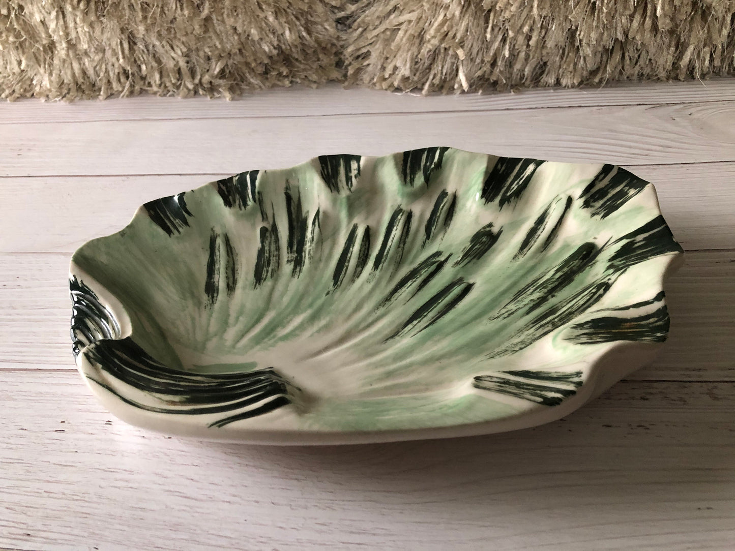 Mid Century Green and White Glazed Pottery Shell Shaped Ashtray, Vintage Extra Large Coffee Table Dish, Cigar Tray, Cigarette Tray