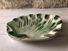 Load image into Gallery viewer, Mid Century Green and White Glazed Pottery Shell Shaped Ashtray, Vintage Extra Large Coffee Table Dish, Cigar Tray, Cigarette Tray
