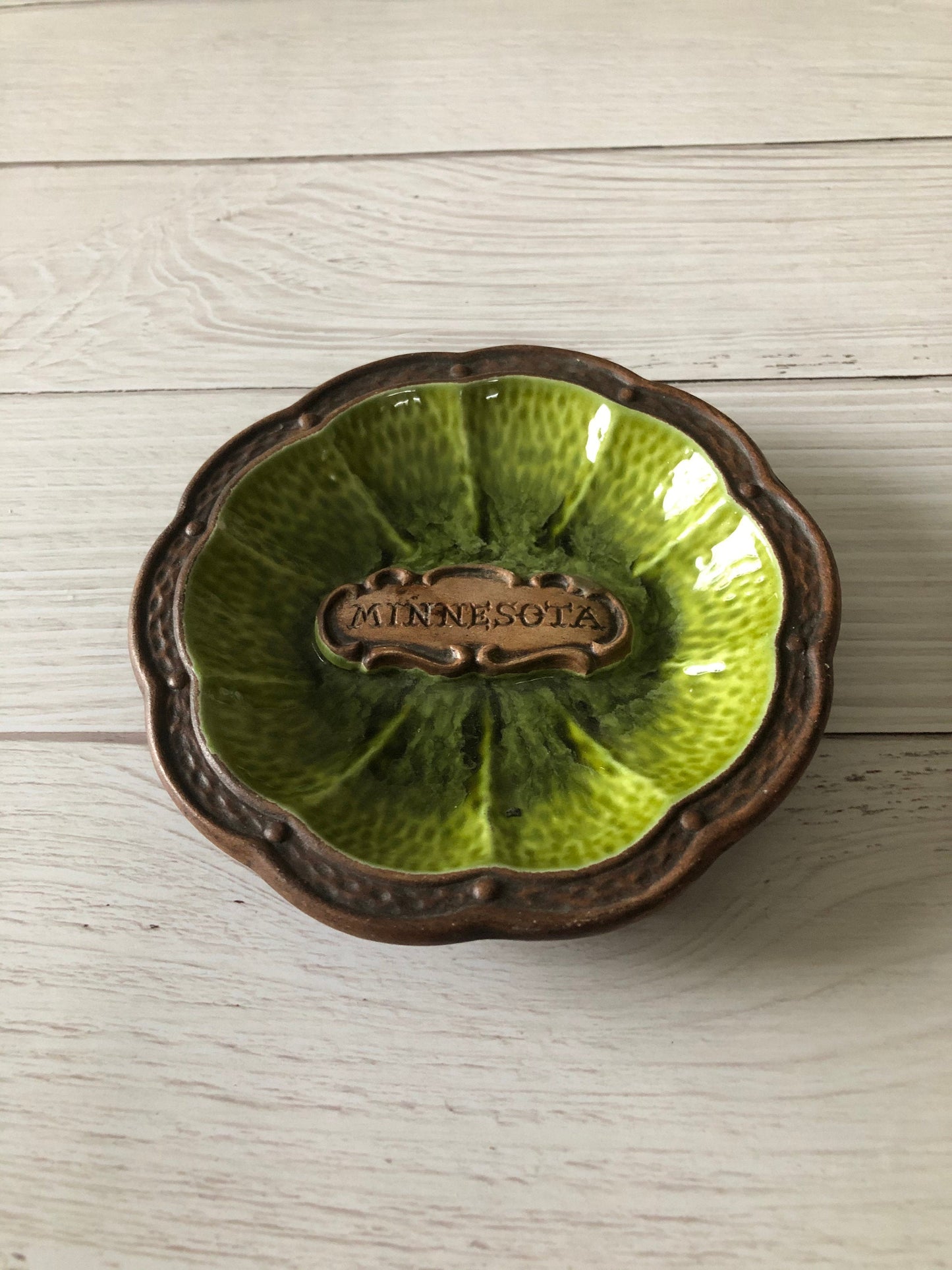 Mid Century Treasure Craft Round Trinket Dish Ashtray Brown Green Minnesota, Drip Glazed Pottery Cigarette Tray