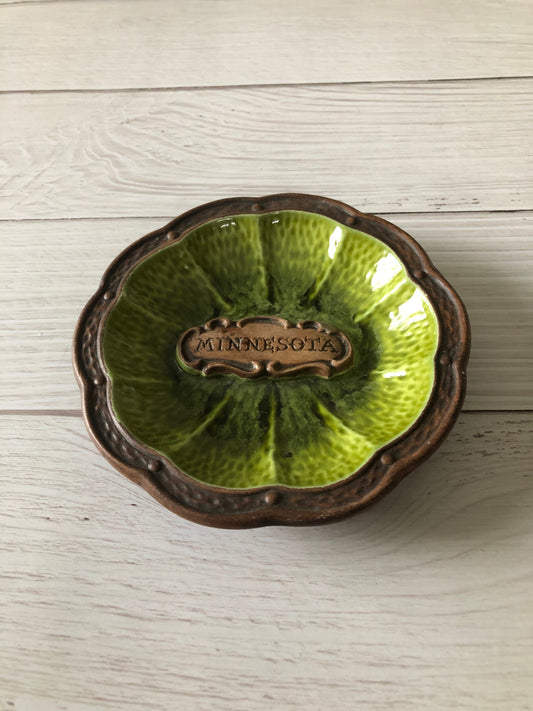 Mid Century Treasure Craft Round Trinket Dish Ashtray Brown Green Minnesota, Drip Glazed Pottery Cigarette Tray