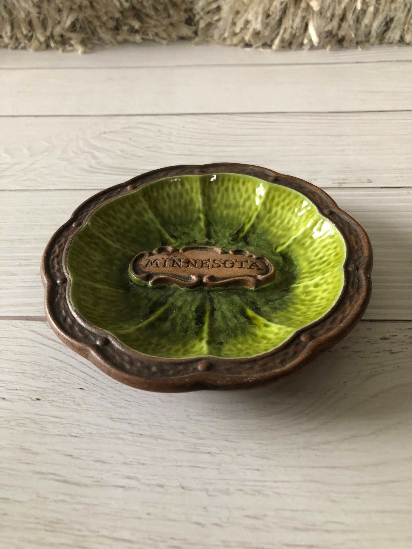 Mid Century Treasure Craft Round Trinket Dish Ashtray Brown Green Minnesota, Drip Glazed Pottery Cigarette Tray