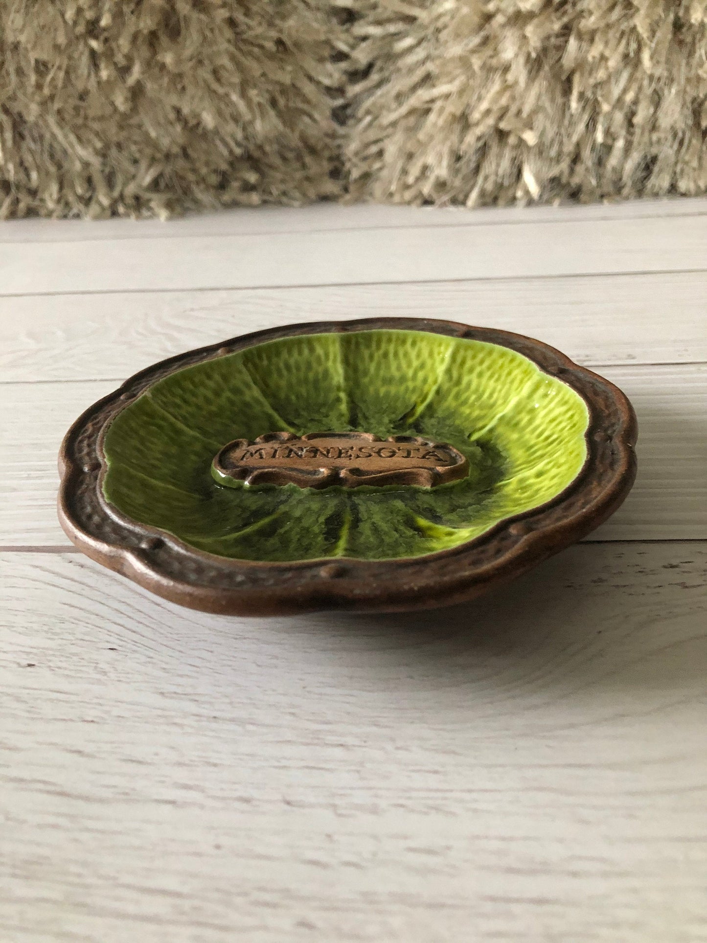 Mid Century Treasure Craft Round Trinket Dish Ashtray Brown Green Minnesota, Drip Glazed Pottery Cigarette Tray