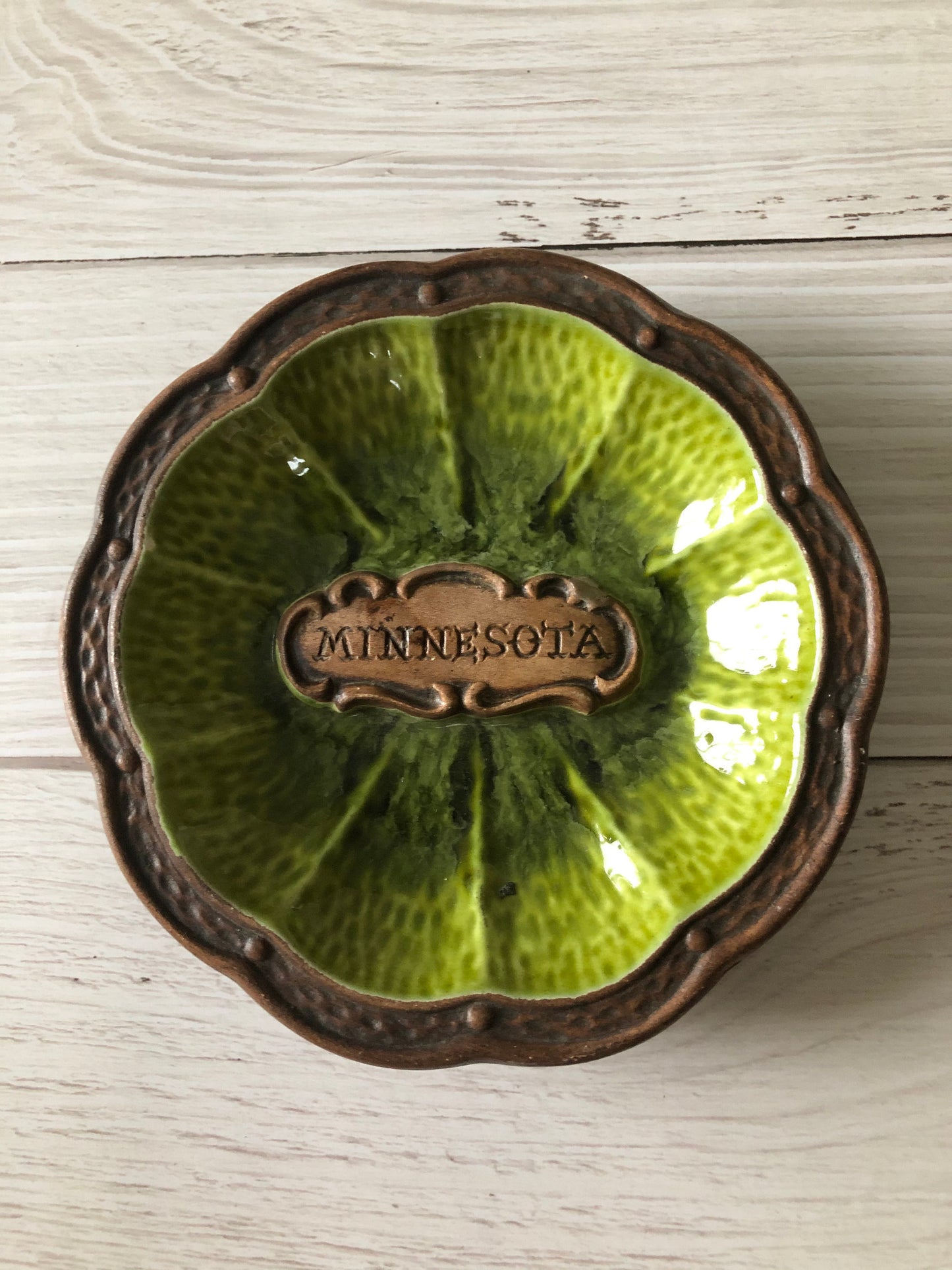 Mid Century Treasure Craft Round Trinket Dish Ashtray Brown Green Minnesota, Drip Glazed Pottery Cigarette Tray