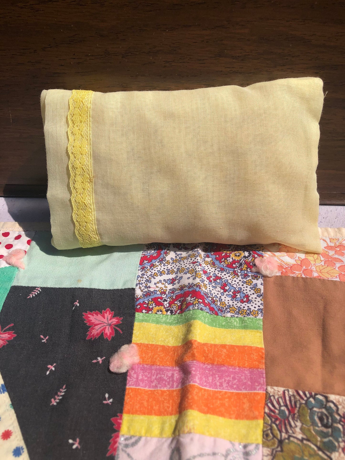 Adorable Vintage Handmade Cotton Fabrics Reversible Doll Quilt and Pillow