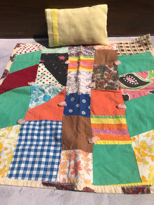 Adorable Vintage Handmade Cotton Fabrics Reversible Doll Quilt and Pillow