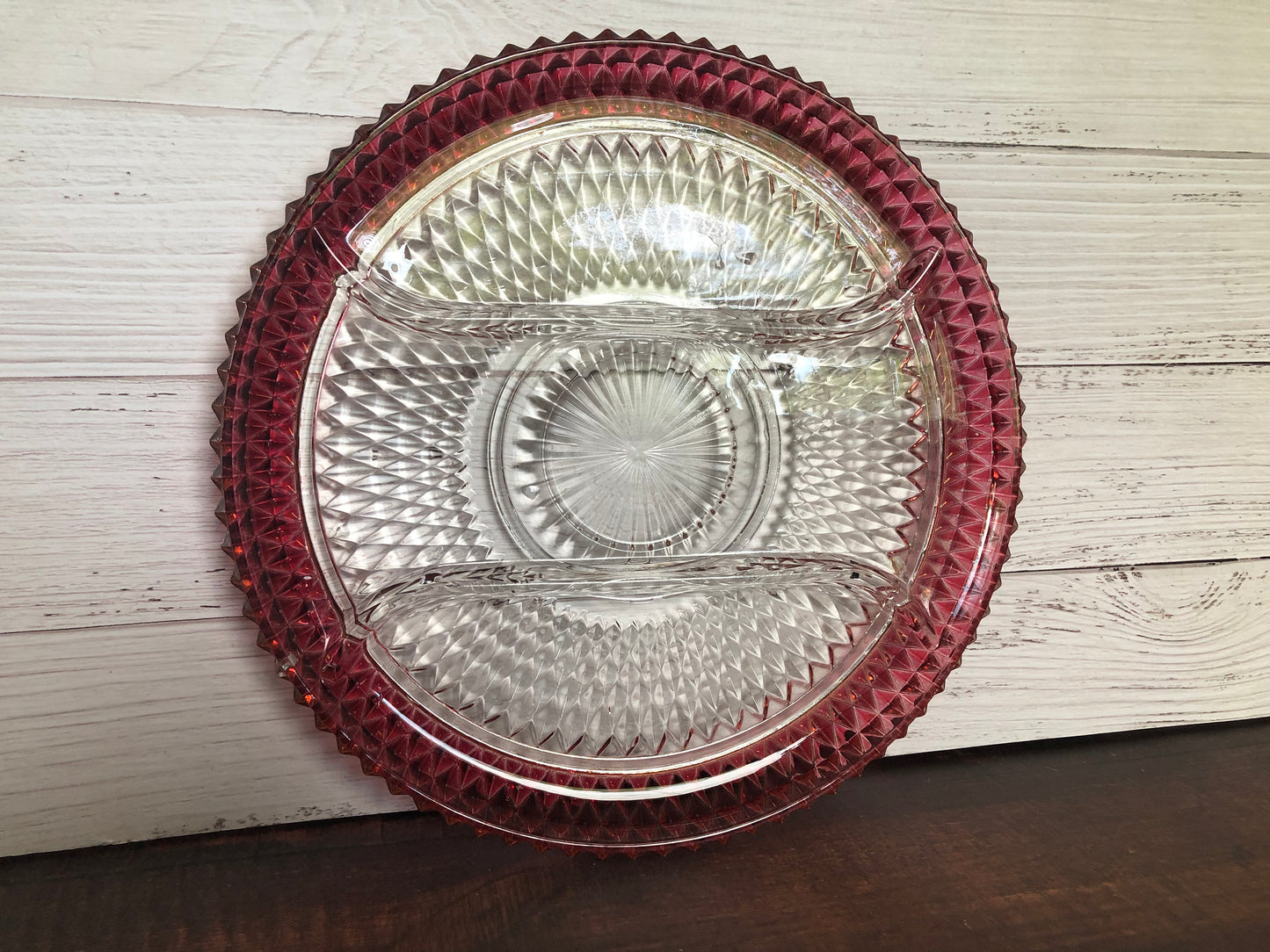 Indiana Glass Cranberry Red Flash Diamond Point Divided Dish Party Serving Tray, Pink and Clear Pickle Snack Relish Dish