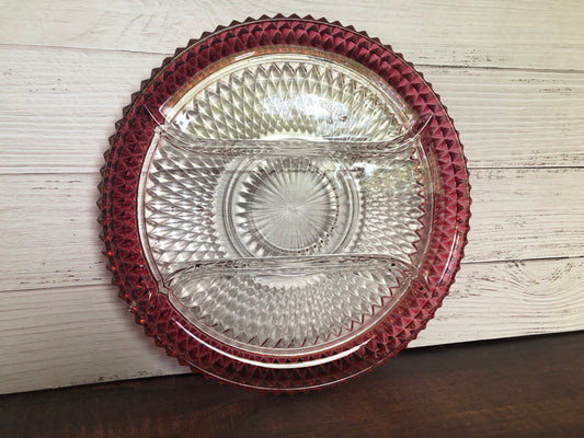Indiana Glass Cranberry Red Flash Diamond Point Divided Dish Party Serving Tray, Pink and Clear Pickle Snack Relish Dish
