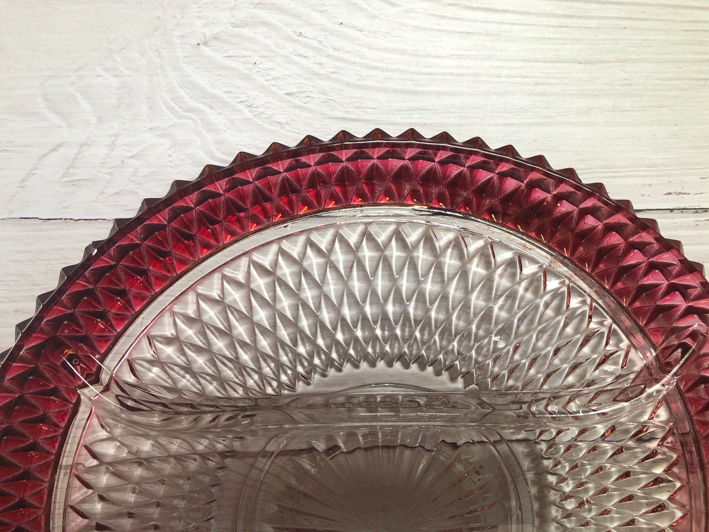 Indiana Glass Cranberry Red Flash Diamond Point Divided Dish Party Serving Tray, Pink and Clear Pickle Snack Relish Dish
