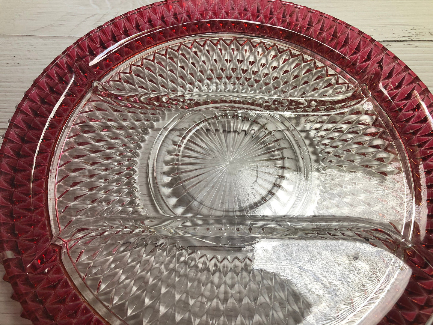 Indiana Glass Cranberry Red Flash Diamond Point Divided Dish Party Serving Tray, Pink and Clear Pickle Snack Relish Dish
