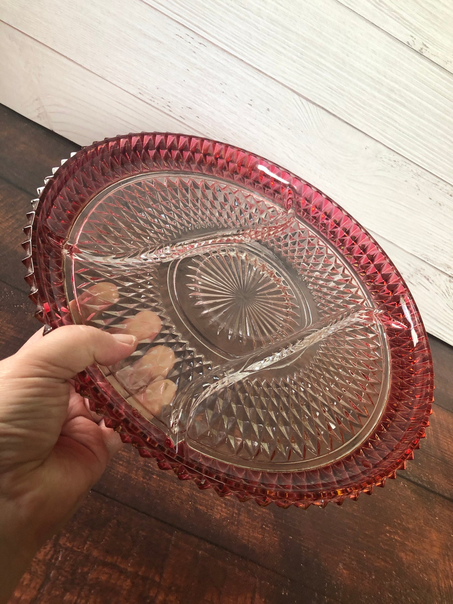 Indiana Glass Cranberry Red Flash Diamond Point Divided Dish Party Serving Tray, Pink and Clear Pickle Snack Relish Dish