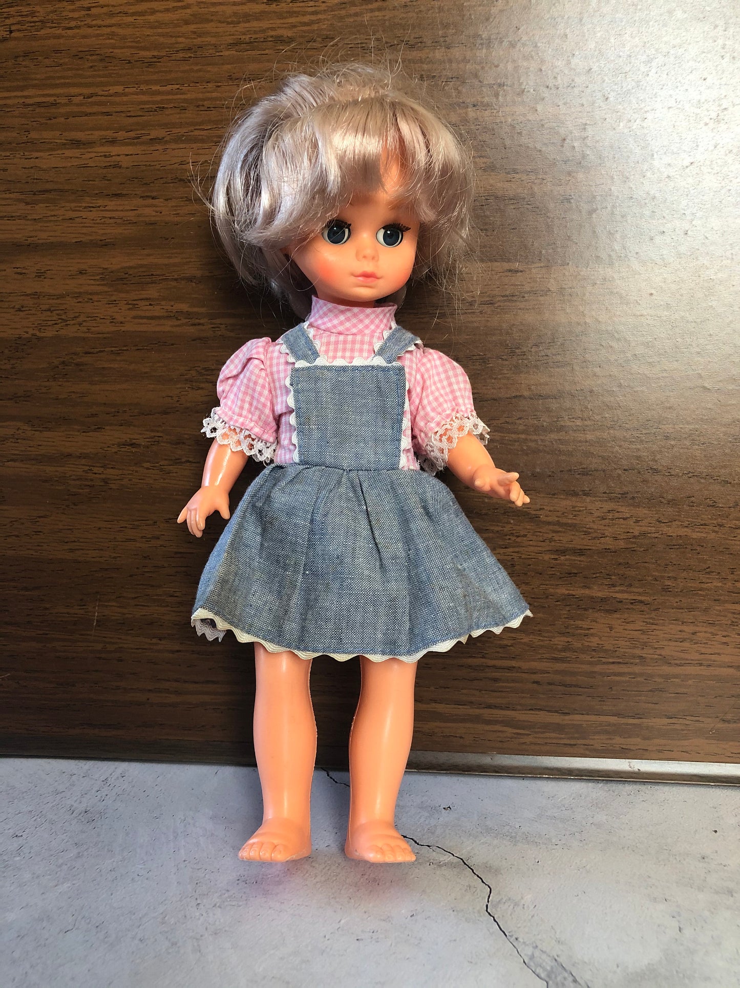 Vintage Playmates Precious Playmates Poseable Jointed Doll in Levi Dress and Pink Shirt, Vintage Collectible Playmates Doll #6123