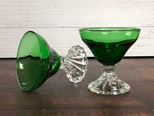 Load image into Gallery viewer, Vintage 1950s Anchor Hocking Boopie Forest Green Sherbet Dessert Glasses, Forest Green Bubble Stem Sherbet Glasses (Set of 2)
