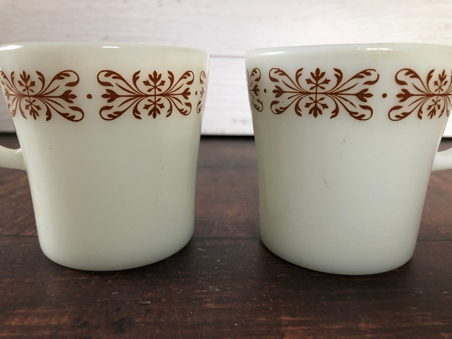 Pyrex White Milk Glass Copper Filigree Coffee Cups, Mid Century Milk Glass Pyrex Coffee Mugs (set of 2)