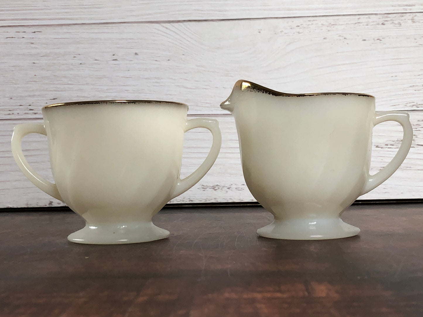 1950s Fire King Gold Swirl Anniversary Cream & Sugar Bowls, MCM Vintage Milk Glass Set, Gold Trim Milk Glass, Vintage Anchor Hocking