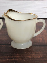 Load image into Gallery viewer, 1950s Fire King Gold Swirl Anniversary Cream &amp; Sugar Bowls, MCM Vintage Milk Glass Set, Gold Trim Milk Glass, Vintage Anchor Hocking
