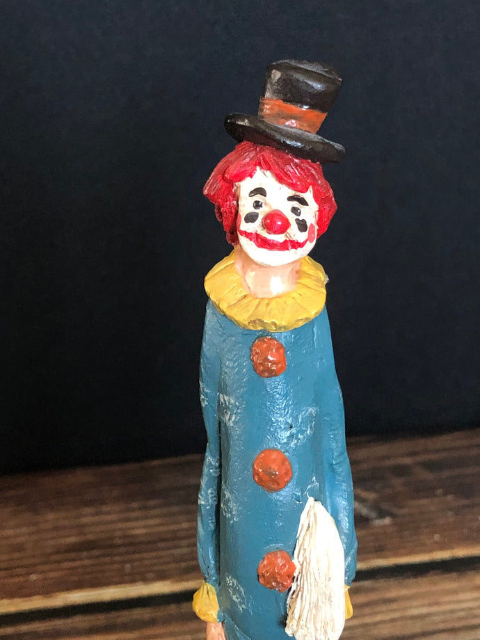 Tall Skinny Vintage Ceramic White Face Clown with Mop Figurine 7.75